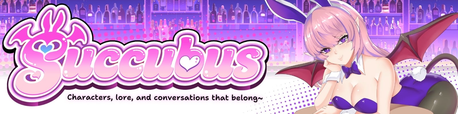 "Succubus" logotext with "The best lewd bot for your 18+ Discord Community" subtext. Suu-chan (SuccubusBot's Mascot) is on the right, with a bar + gradient background.